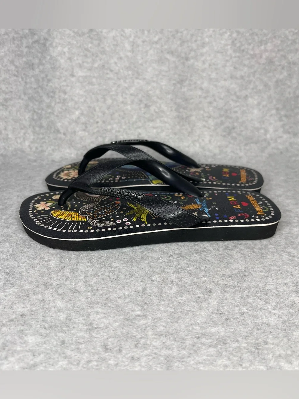 Farm Rio Black Multi Sandal in Black Havaianas Thong Flip Flops Women’s Size 7/8 - Picture 5 of 16